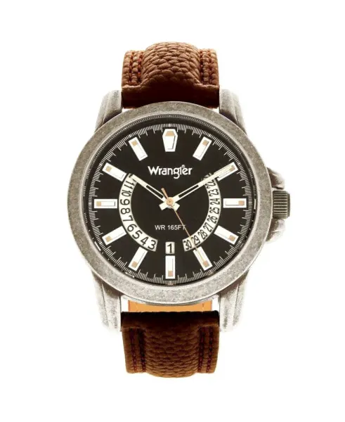 Часы Wrangler 46MM Silver Sandblasted Case And Bezel Black Dial White And Beige Index Markers Dual Crescent Cutouts For Date Function Analog Watch With Beige Second Hand Brown Strap