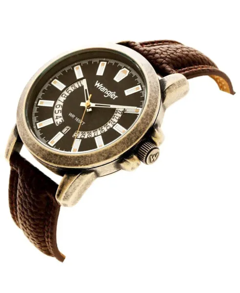 Часы Wrangler 46MM Silver Sandblasted Case And Bezel Black Dial White And Beige Index Markers Dual Crescent Cutouts For Date Function Analog Watch With Beige Second Hand Brown Strap-0