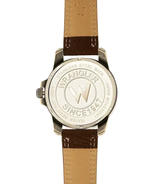 Часы Wrangler 46MM Silver Sandblasted Case And Bezel Black Dial White And Beige Index Markers Dual Crescent Cutouts For Date Function Analog Watch With Beige Second Hand Brown Strap-1